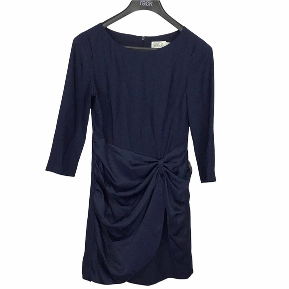 Eliza J Navy Blue Gathered Cocktail Sheath Dress, 3/4 Sleeve Women's Size 8 - Picture 3 of 5